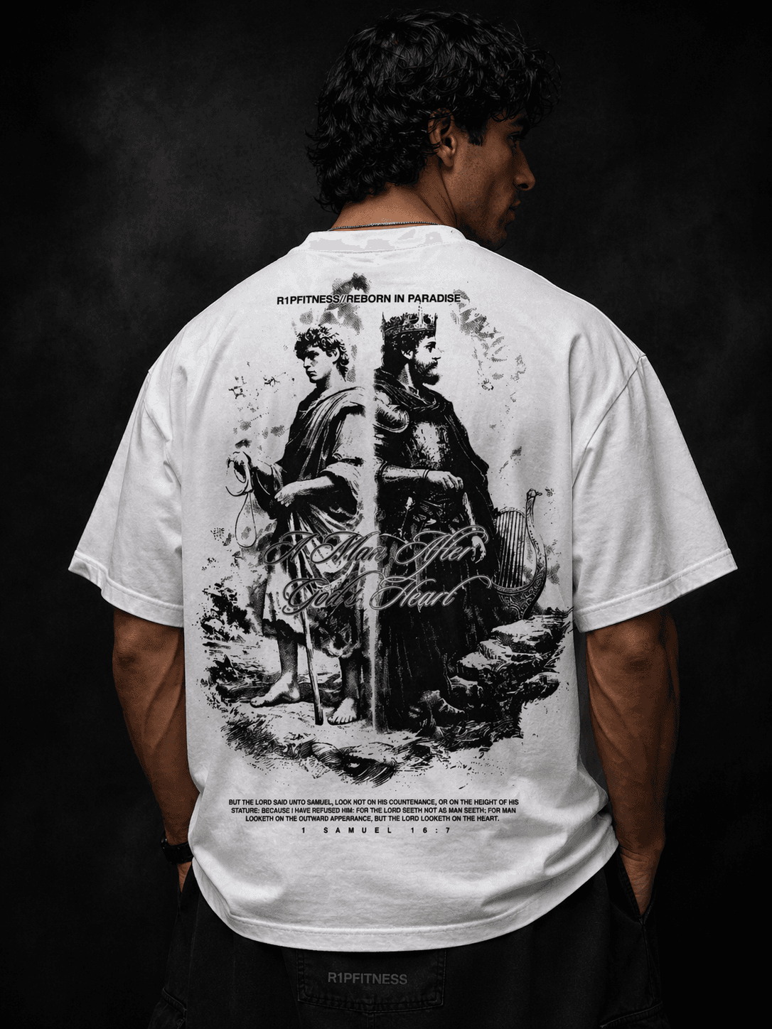 A Man After God's Heart — David Tee back — King of Israel — R1P FITNESS Faith Collection