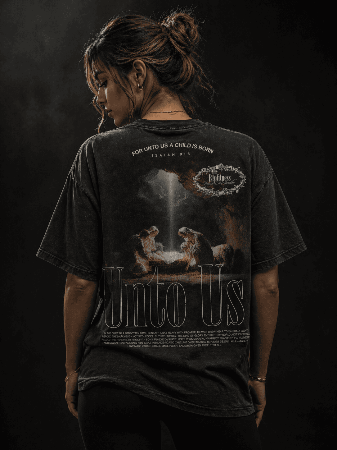 Unto Us A Child Is Born — Isaiah 9:6 Nativity Tee female version — R1P FITNESS Faith Collection