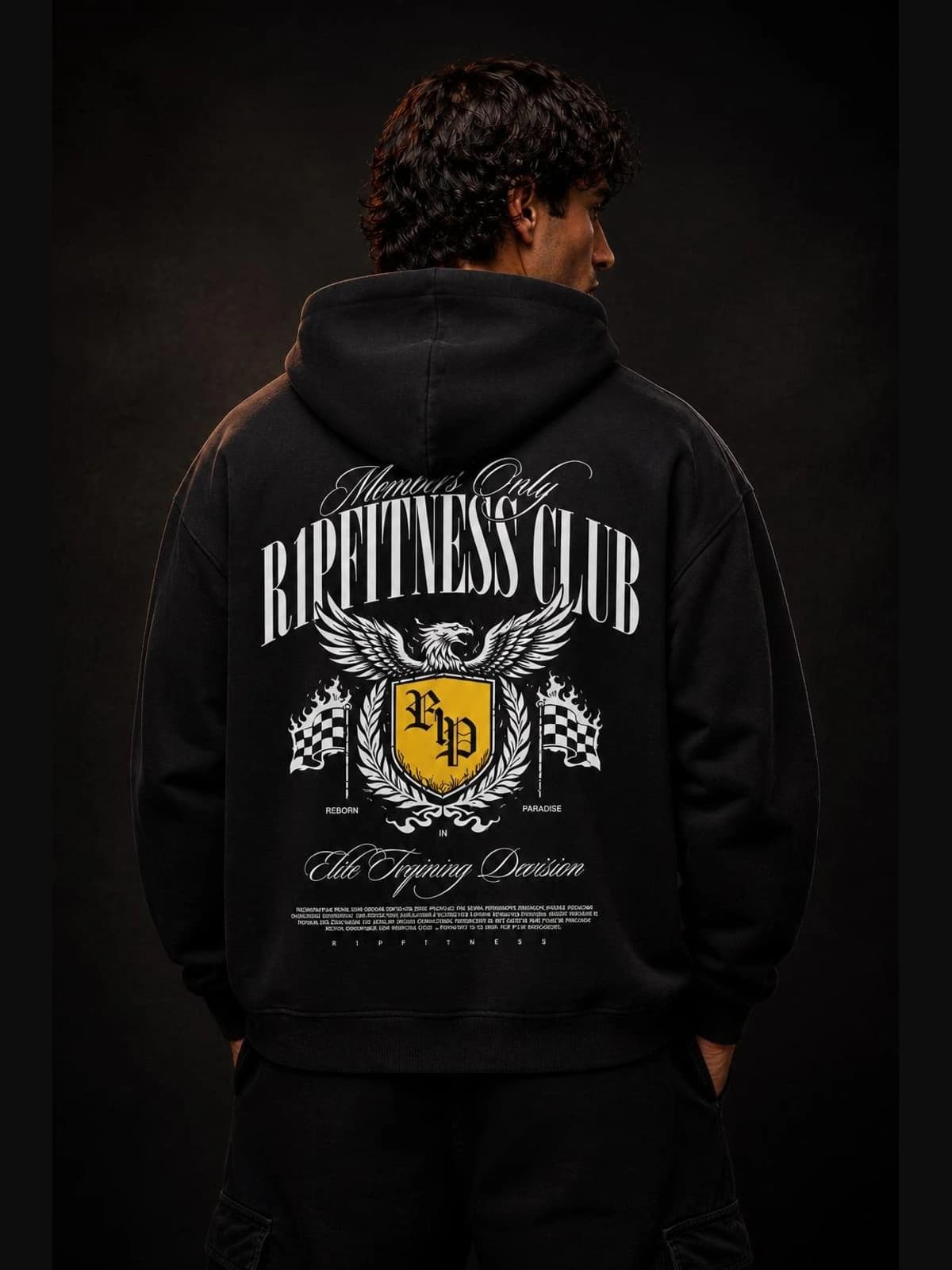 Members Only R1P Fitness Club – Black Acid Wash Hoodie back view. oversized apparel. R1P Fitness, Waipahu, HI