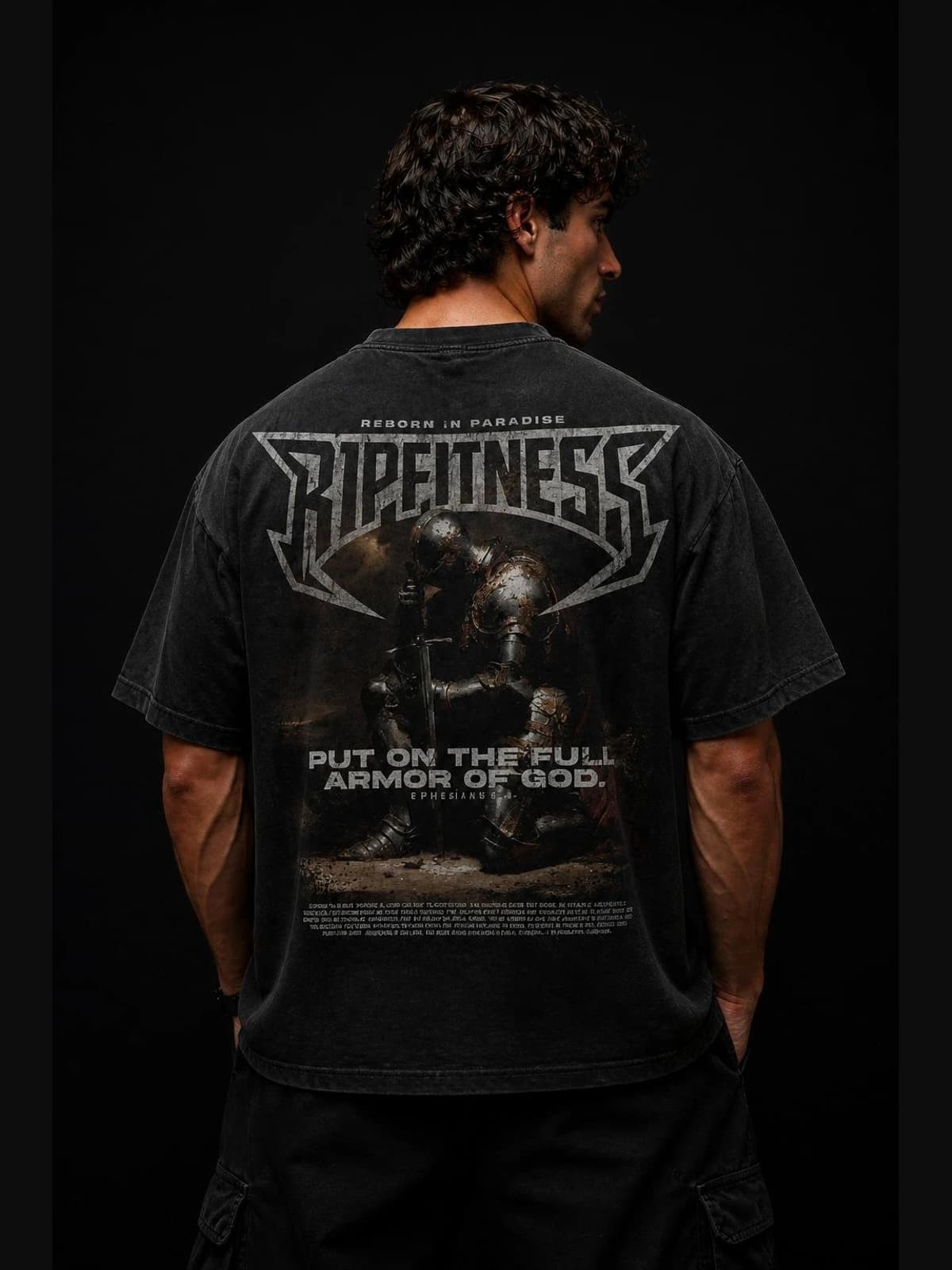 R1PFITNESS Armor of God Oversized Tee – Ephesians 6 back view. oversized faith. R1P Fitness, Waipahu, HI