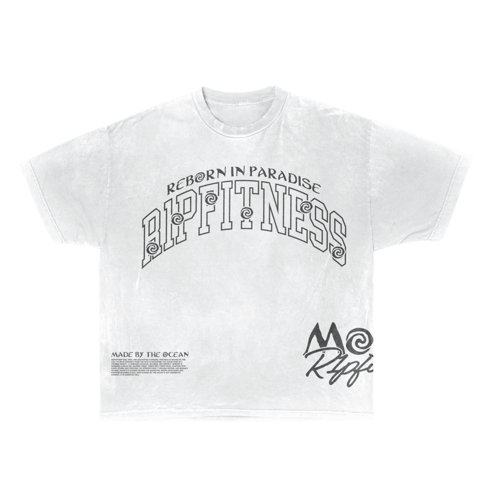 The "Ocean Voyager" Heavyweight Tee back graphic featuring lush green island spirit and motivational manifesto.
