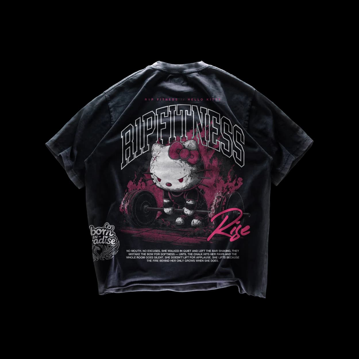 Back view of the Iron Resolve Oversized Tee in washed black, showcasing striking pink lifting artwork.