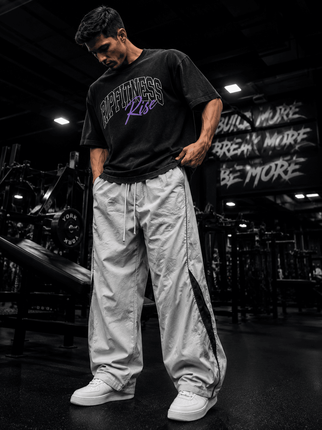 unisex light grey contrast panel wide leg track pants front r1pfitness