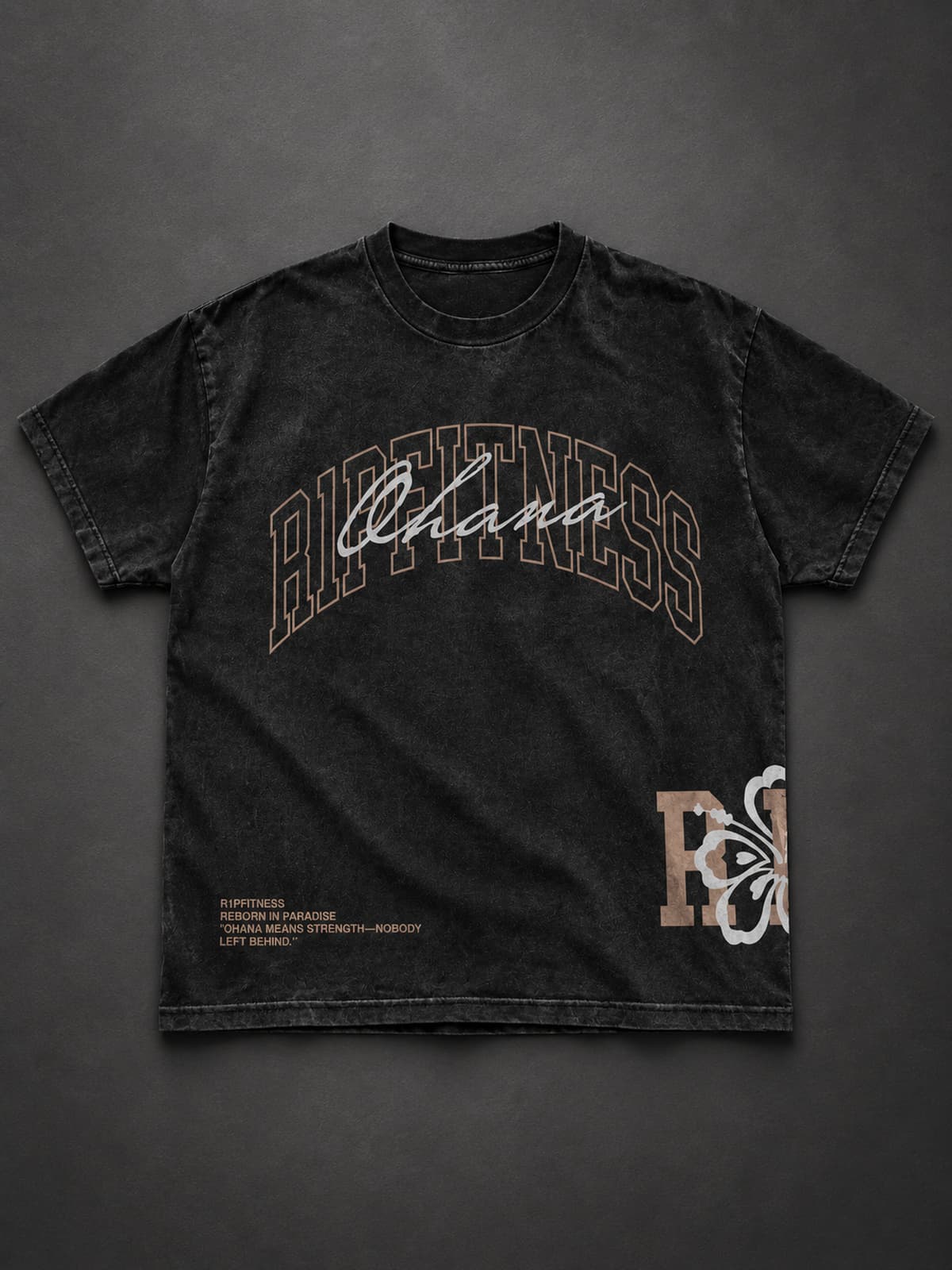 R1PFITNESS Ohana Forever black tee front flat lay on charcoal studio backdrop