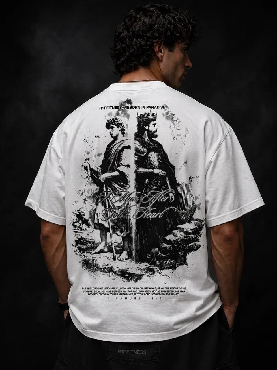 A Man After God's Heart — David Tee back — King of Israel — R1P FITNESS Faith Collection